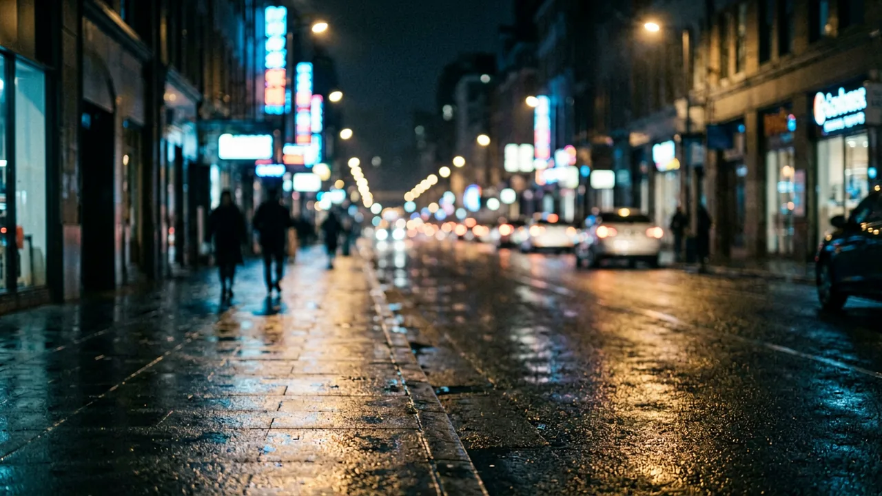 夜色街区湿路面与远处灯光场景封面